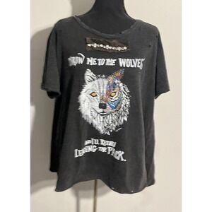 A Rare Bird Shirt Womens L XL Black Wolf Graphic Distressed Rhinestone Tee